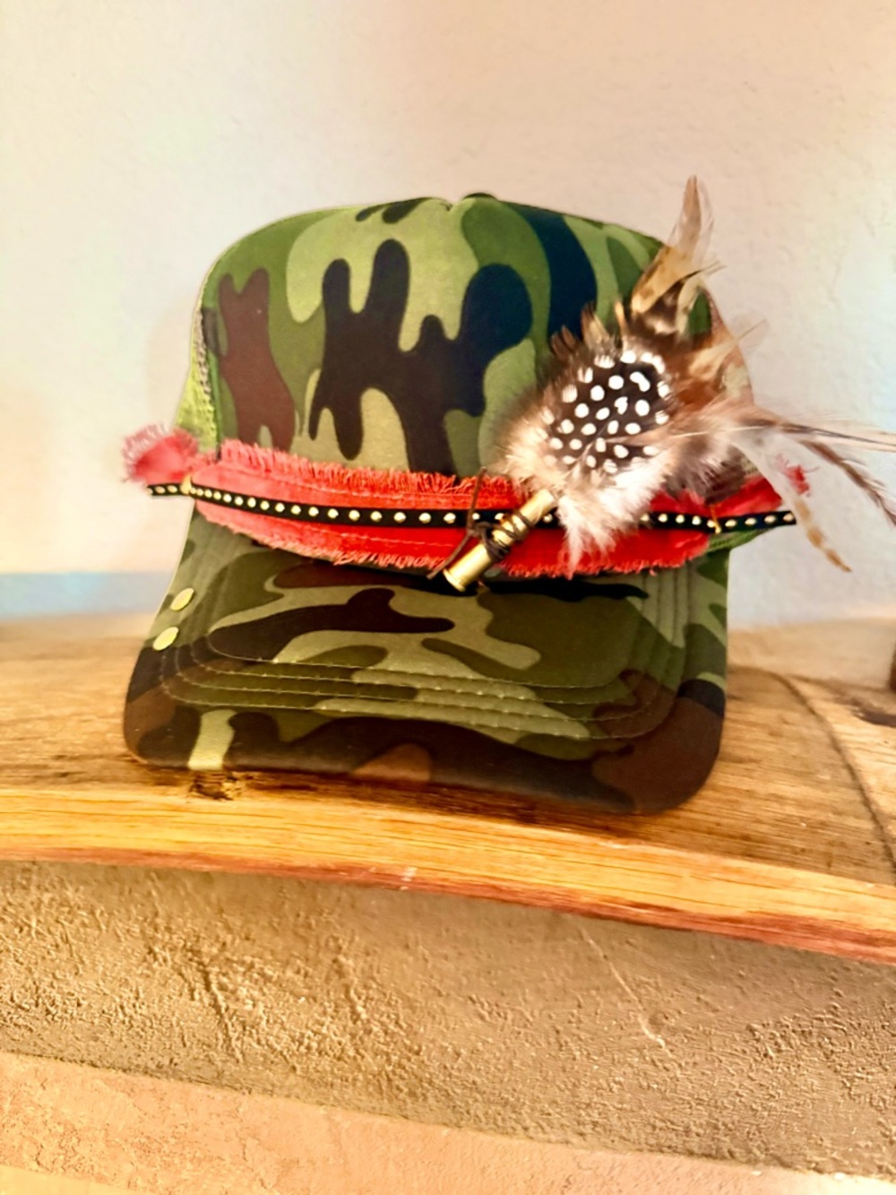 Camo Trucker Hat with Copper trim and  Feather Ammo Embellishment